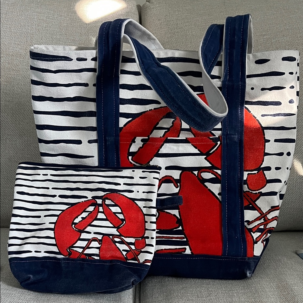 Beach Bag Set-Red, Navy Blue and White-Seaside, Beach Cottage Canvas Red Lobster
